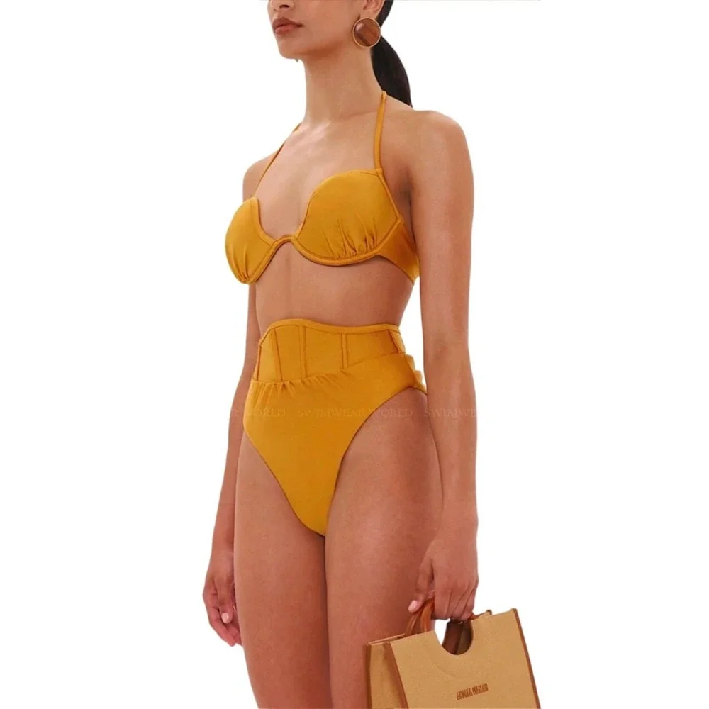 Andrea Iyamah Gura Bikini Set Mustard Yellow XL High Waist Underwire Halter
